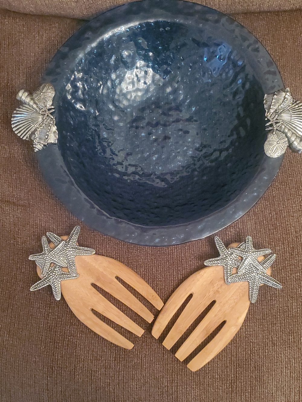 Wooden Salad Hand Set with Silver Starfish Accents - Navy Bowl Included